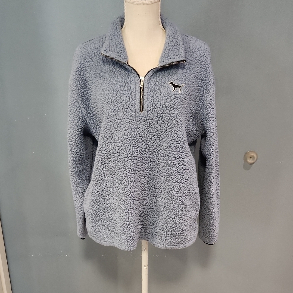 Victoria's Secret Pink Sherpa Quarter Zip Embrodiery Dog Logo Sweatshirt